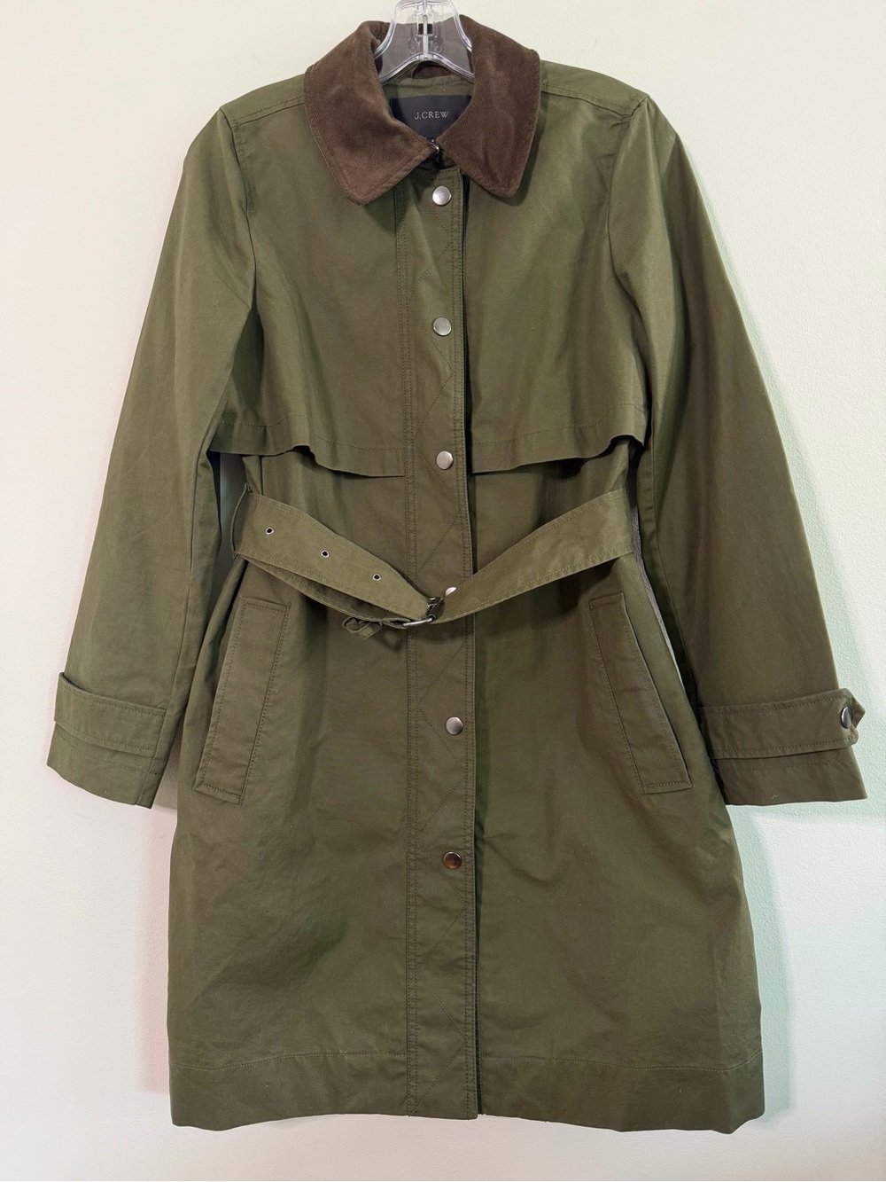 J.Crew Field Trench Coat Deep Moss Olive Green Corduroy Collar Size Small